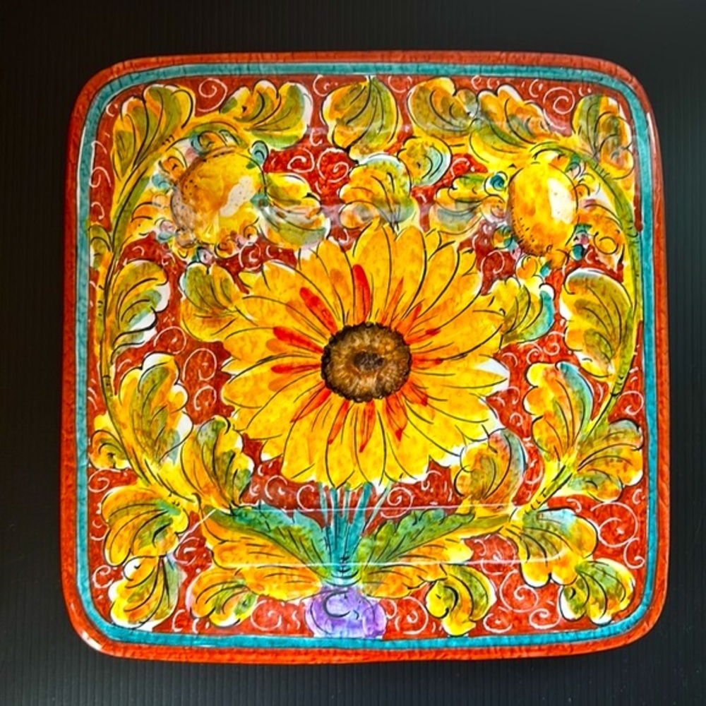 Italian Ceramic Hand Painted Girasole Square Platter 10.5”
